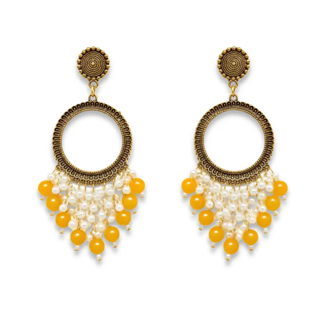 Yellow Pearl Round Shape Chandbali Hoop Earrings