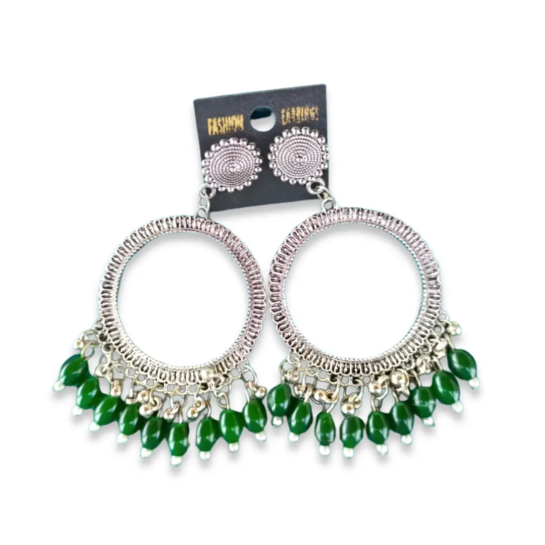 Silver Round Shape Jhumka with Green Beads for Resin Art