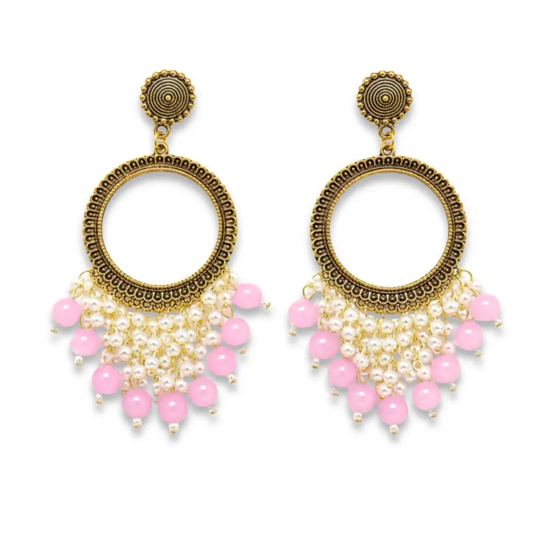 Pastel Pink Pearl Round Shape Chandbali Hoop Earrings